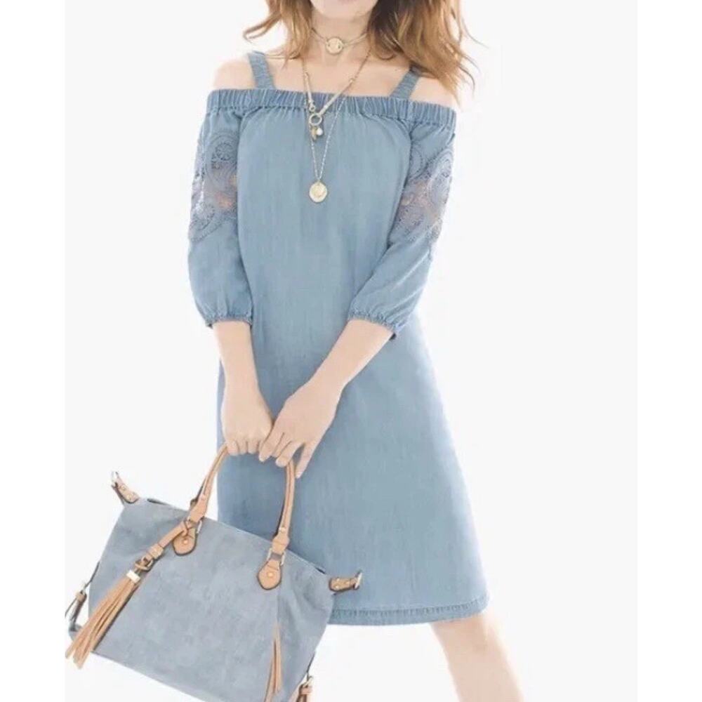 Chicos Chambray Lace Shirt Dress Blue Cold Shoulder Casual Pullover Boho Sz 3 XL